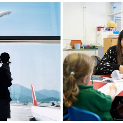 Parent and child at airport / teacher in classroom