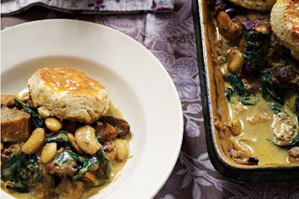 Squash cobbler with Indian spices, mushrooms and butterbeans by Anjum Anand