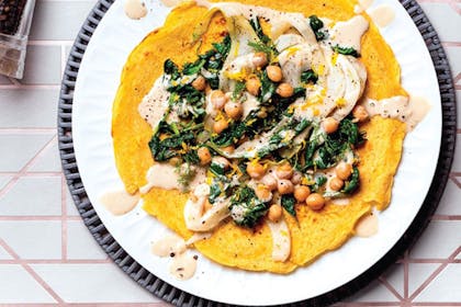 Vegan Socca Pancakes with Spinach, Fennel & Tahini Dressing