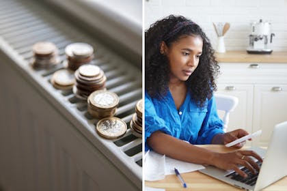 Money on radiator / woman looks at online bill