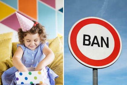 child opening present / ban sign
