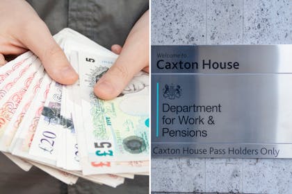 Hands holding cash in pounds/DWP sign
