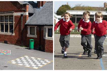 Left: school playground with snakes and ladders and chequers Right: Children in school uniform playing outdoors