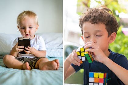 baby with smartphone and child with rubik's cube