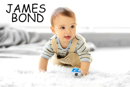 A baby crawling, with the name James Bond written in text