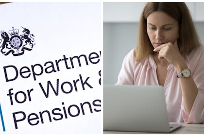 Left: DWP headed paperRight: Woman looks concerned at her computer 