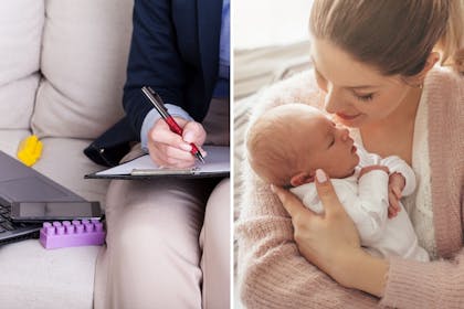 left: pen and clipboardRight: Mum kissing baby