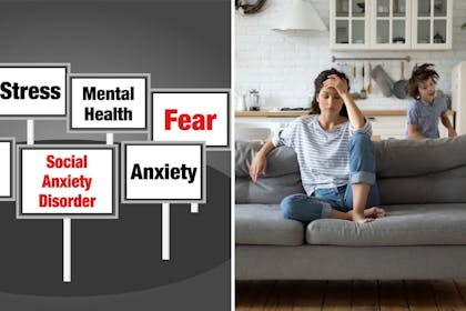 Left: Anxiety graphicRight: woman with head in hands