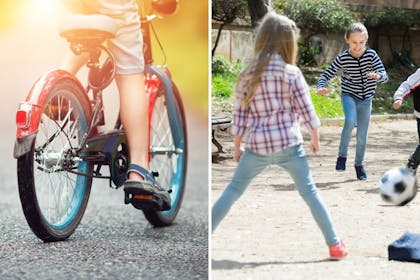 Left: Child on a bike. Right: Children play outside