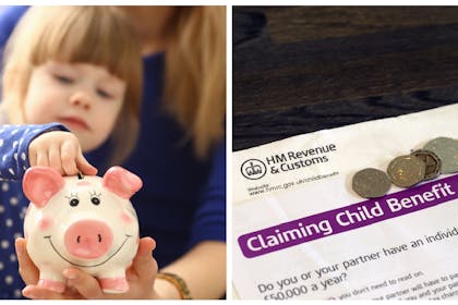 Child putting money in piggy bank / Child benefit