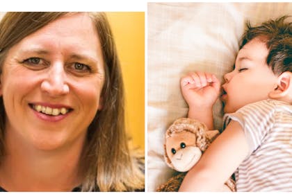 Woman looks at camera and smiles | Toddler boy sleeping in bed holding soft toy