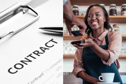 Paper with contract written on it, and woman working in coffee shop smiling, serving customer
