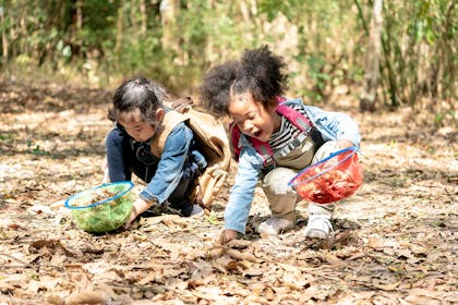 two young girls collecting leaves outside