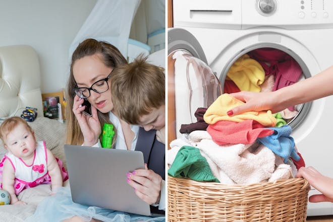 Left: woman on laptop with two childrenRight: woman loads washing machine