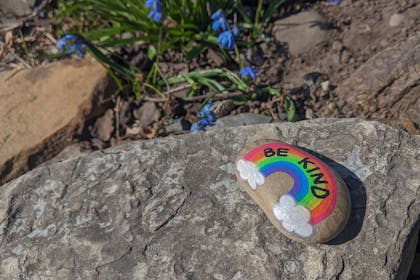 Stone painted with rainbow and saying 'be kind'