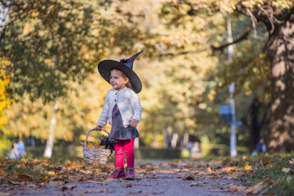 A toddler dressed in a witch's hat walks down a path through the woods