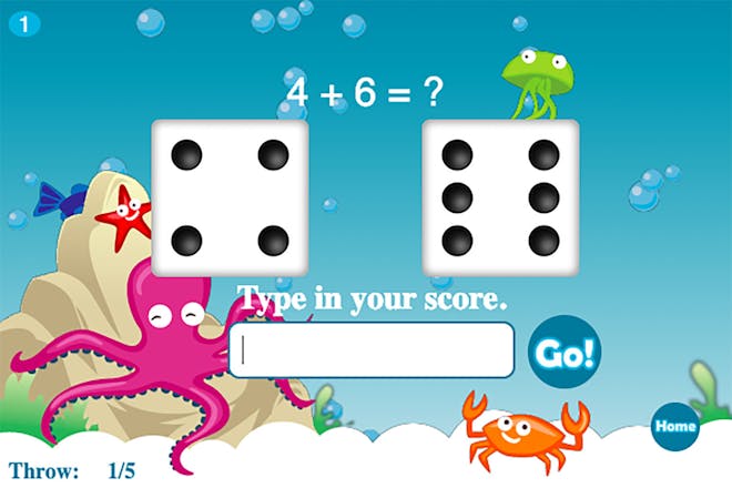 Screenshot from roll the dice maths game showing two dice and the sum 4 + 6 on an underwater background