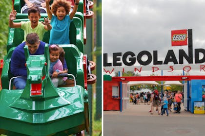 children on rollercoaster and Legoland Windsor entrance