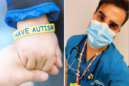 Hand with autism armband and man