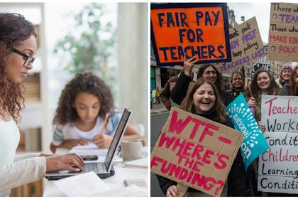 Woman working at laptop with daughter sitting at table | Teachers on strike holding placards