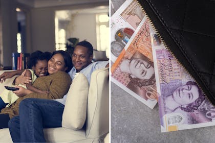 Happy family on the sofa/cash in pounds
