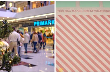 Left: shopping mall at Christmas with a Primark storeRight: Primark striped paper shopping bag 