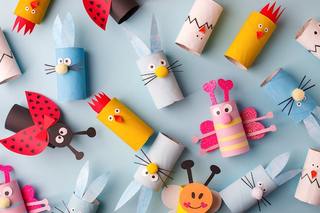 Selection of animals and insects made from toilet rolls