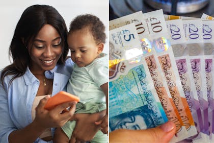 Happy mum with baby and pounds in notes