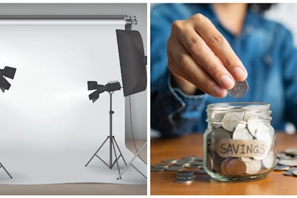Photo studio / woman putting coin in jar