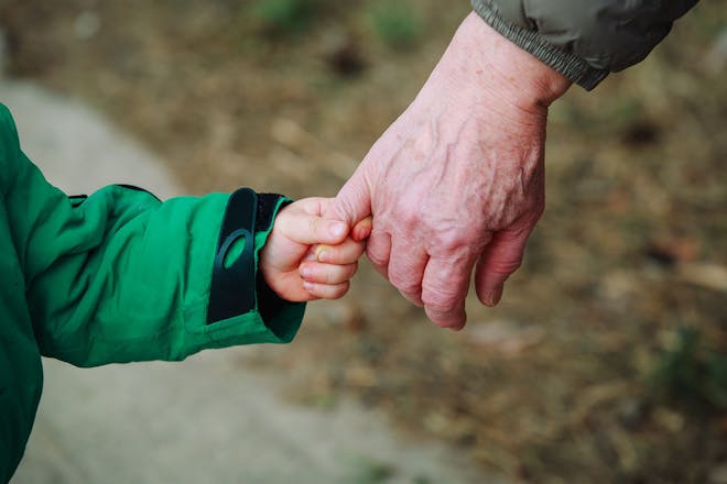 Small child holding granparent's hand as go for walk