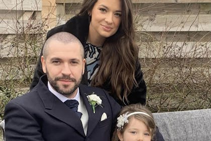 Sophie Austin, Shayne Ward and their daughter Willow pose for a family photo