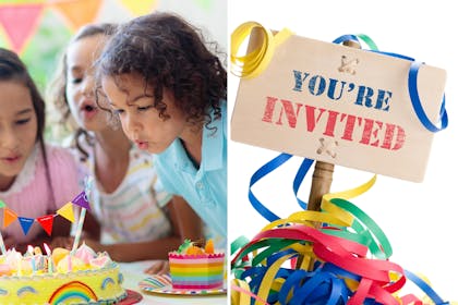Children at birthday party / You're Invited sign