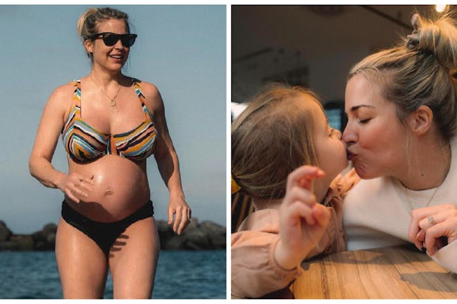 Left: Pregnant Gemma Atkinson in a bikini in the seaRight: Gemma Atkinson kisses her young daughter