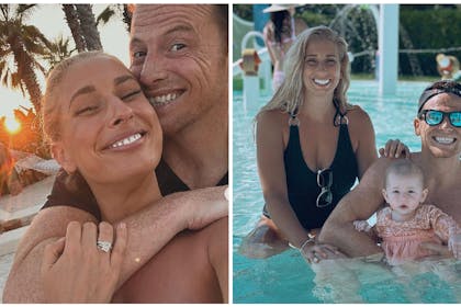 Stacey Solomon and Joe Swash hug on beach | Stacey and Joe in swimming pool with their baby