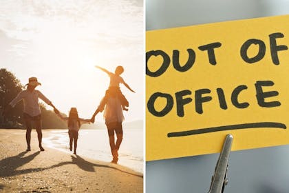 Left: people on the beachRight: Out of office sign