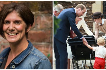 Sarah Crapenter smiling at camera standing by wall | Prince William, Kate and Prince George stand around a pram with Norland Nanny