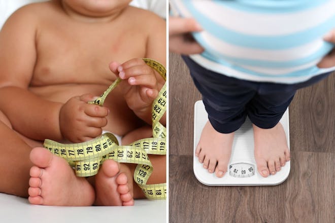 Left: baby with tape measureRight: Child on scales
