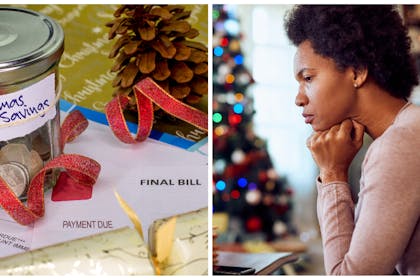 Left: bills and a Christmas savings jarRight: worried mum in shadow of Christmas tree