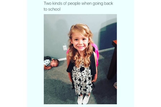 Meme showing one child with backpack ready for school. Younger brother crying on floor in background
