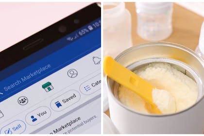 Left: Facebook marketplace on a mobile phone Right: an open tub of baby formula and baby bottles