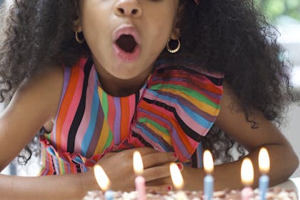 Birthday cake girl blowing candles on cake