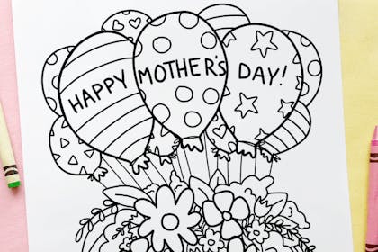 Mother's Day colouring-in page – balloons and a basket of flowers