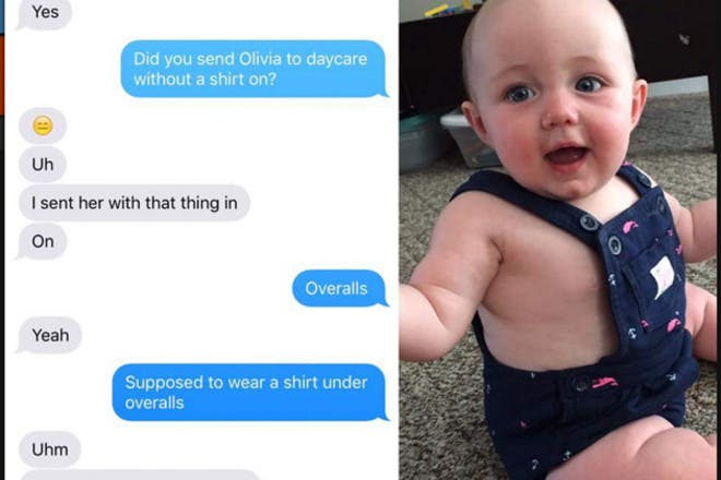 text conversation and baby in overalls