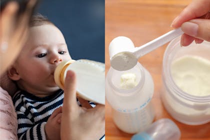 Baby drinking from bottle, mum preparing baby formula