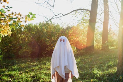 Kid dressed as a Halloween ghost under a sheet walking through the woods