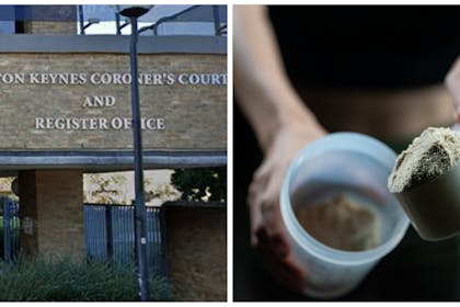 Left: an external shot of Milton Keynes Coroner's CourtRight: A protein drink powder in a scoop