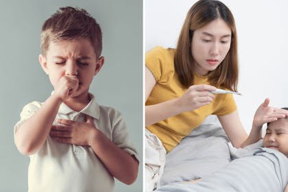 Left: Little boy coughingRight: mum takes child's temperature