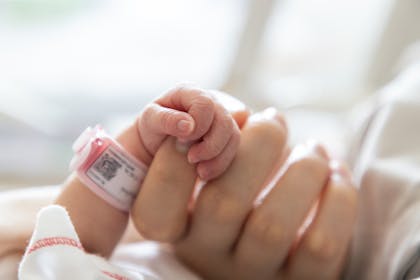 Newborn baby hand holding parent's finger