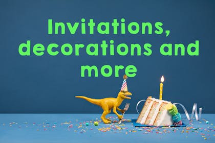 Picture of dinosaur eating birthday cake, cope says 'Invitations, decorations and more'