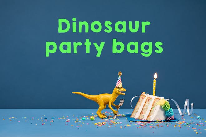 Picture of dinosaur eating birthday cake, copy says 'dinosaur party bags'